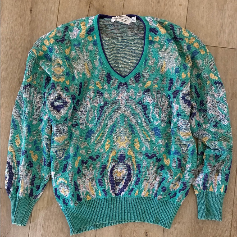 Teal Multicolor V-Neck Knit Sweater